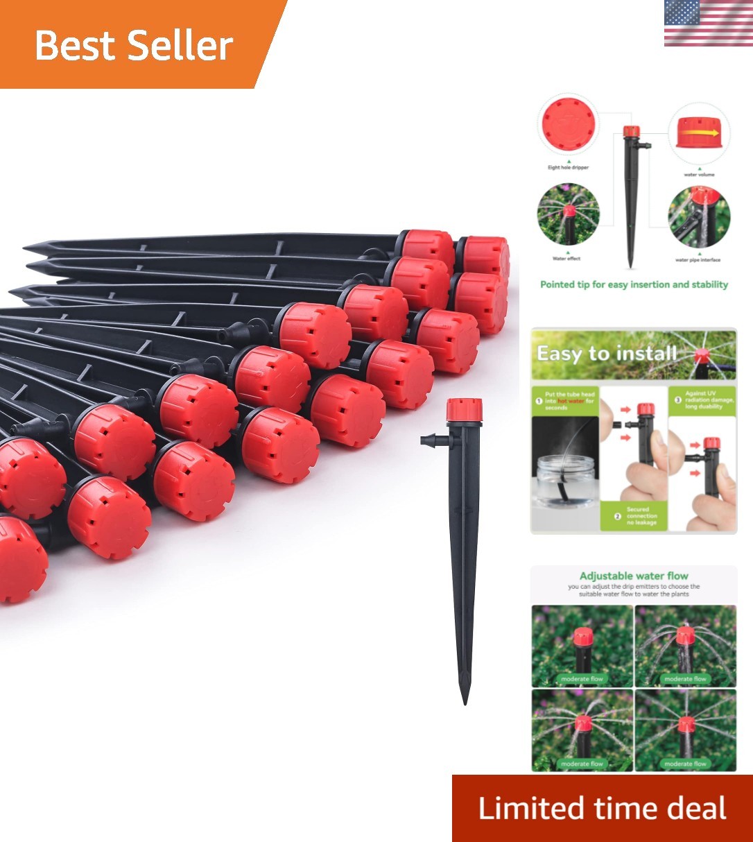 50pcs Drip Emitters for 1/4" Drip Irrigation Tubing, Adjustable 360 Degree Wa...