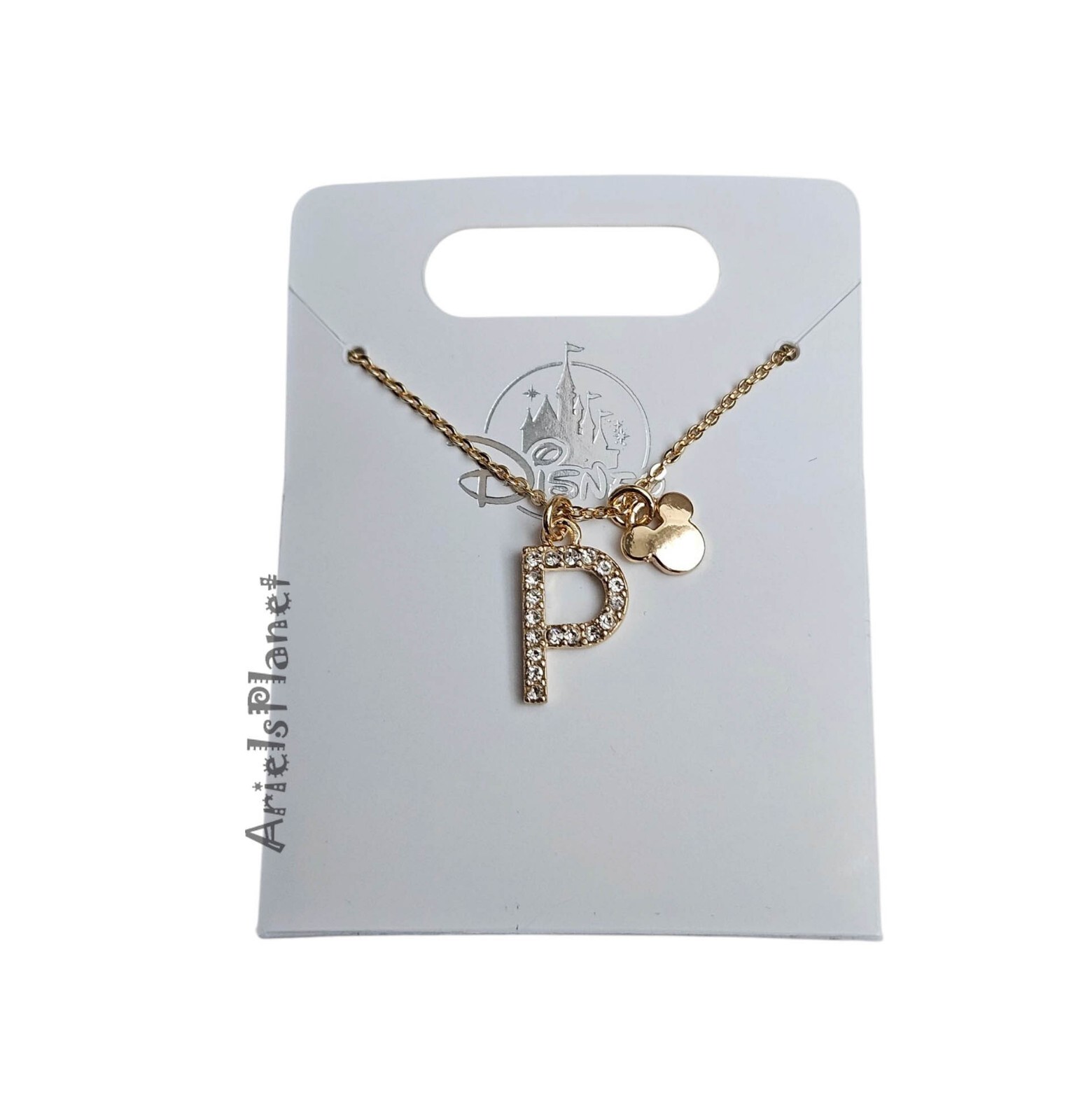 Disney Parks Mickey Mouse Ear Rhinestone Letter P, Gold Tone Necklace