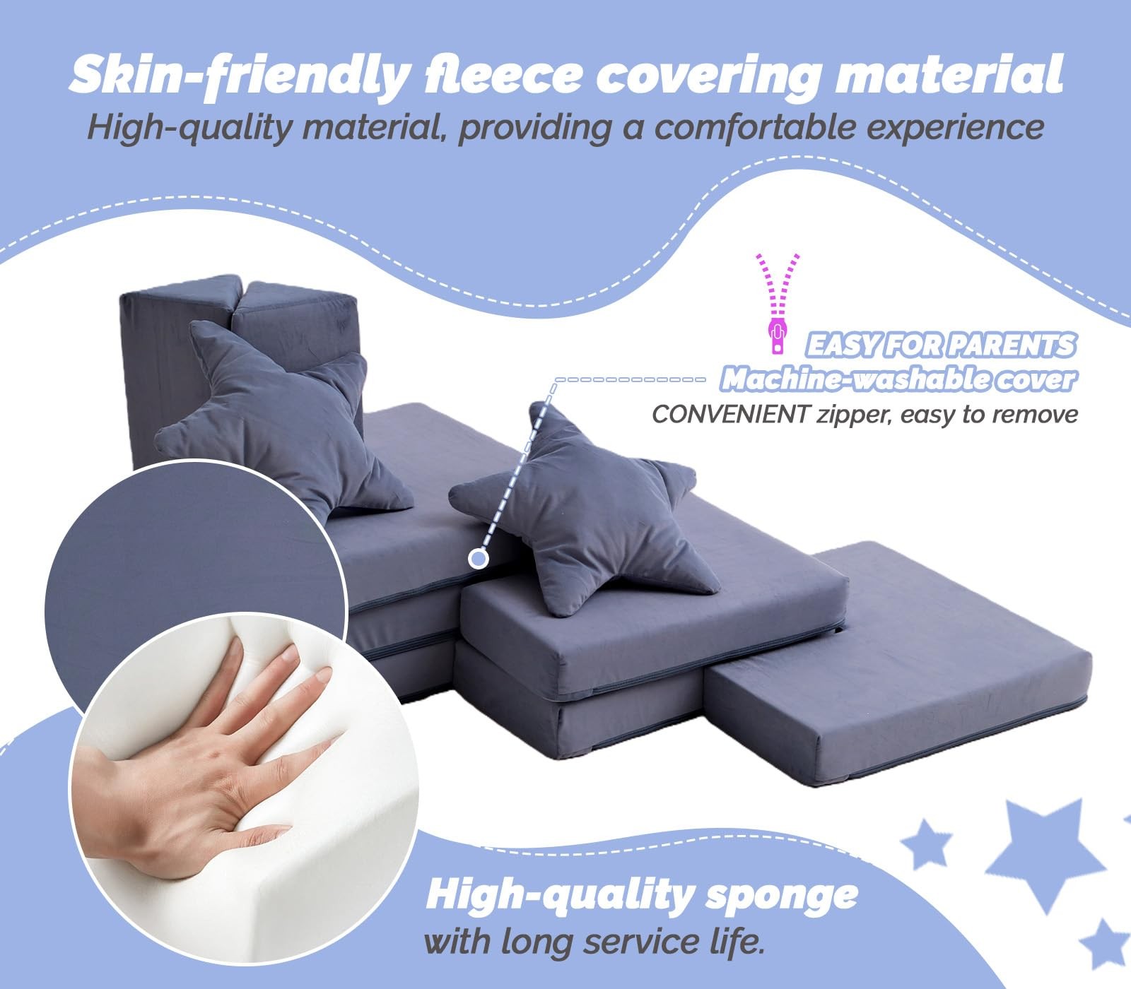 Modular Kids Play Couch - Convertible Toddler Sofa Bed for Fort Building - Wa...
