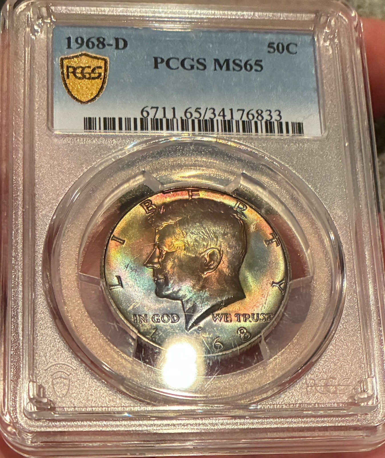 1968-D 50C Kennedy Silver Half Dollar, PCGS MS 65 🌈Monster Toning Rainbow 🌈