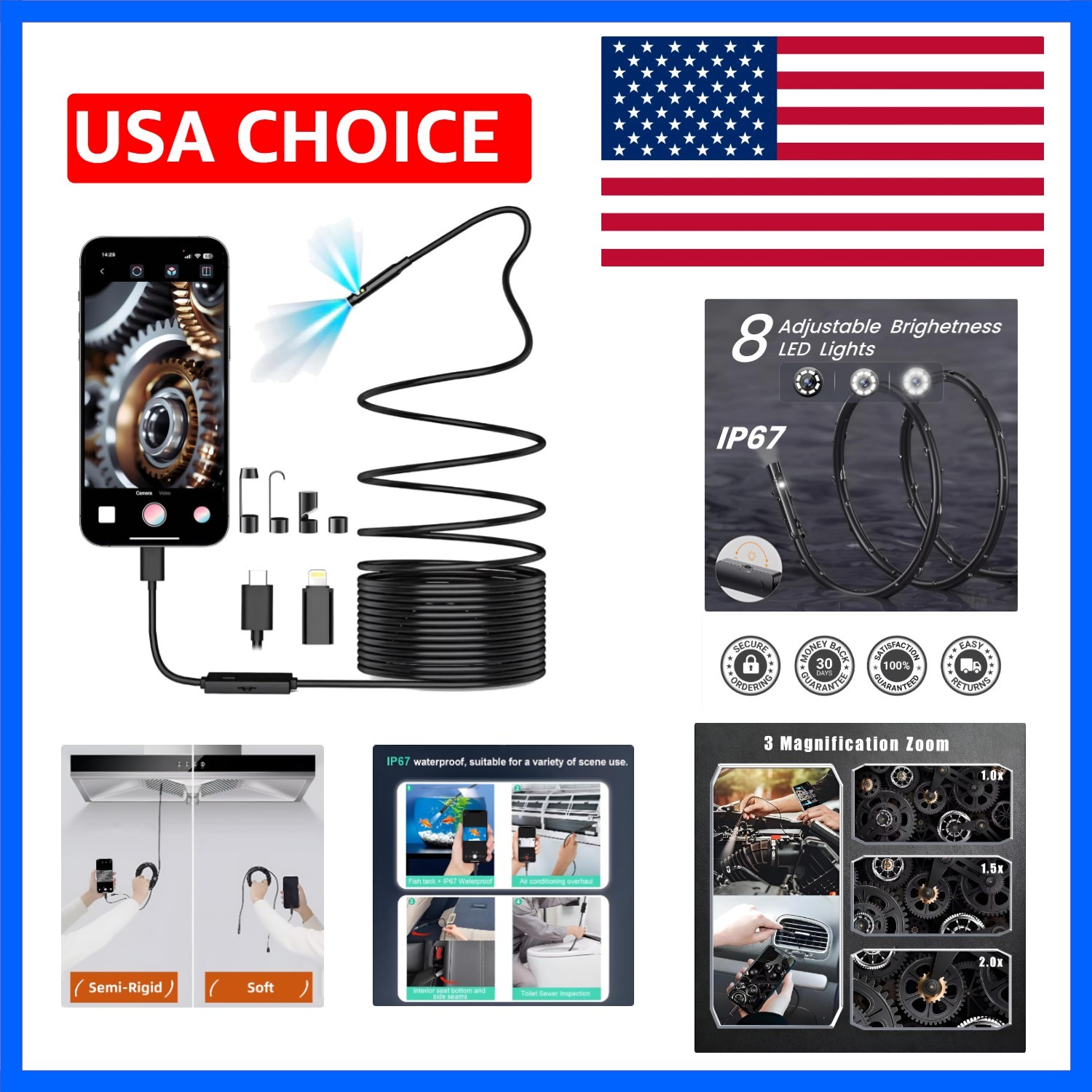 Dual-Lens Endoscope Camera with Light,Borescope with 8 Adjustable LED Lights ...