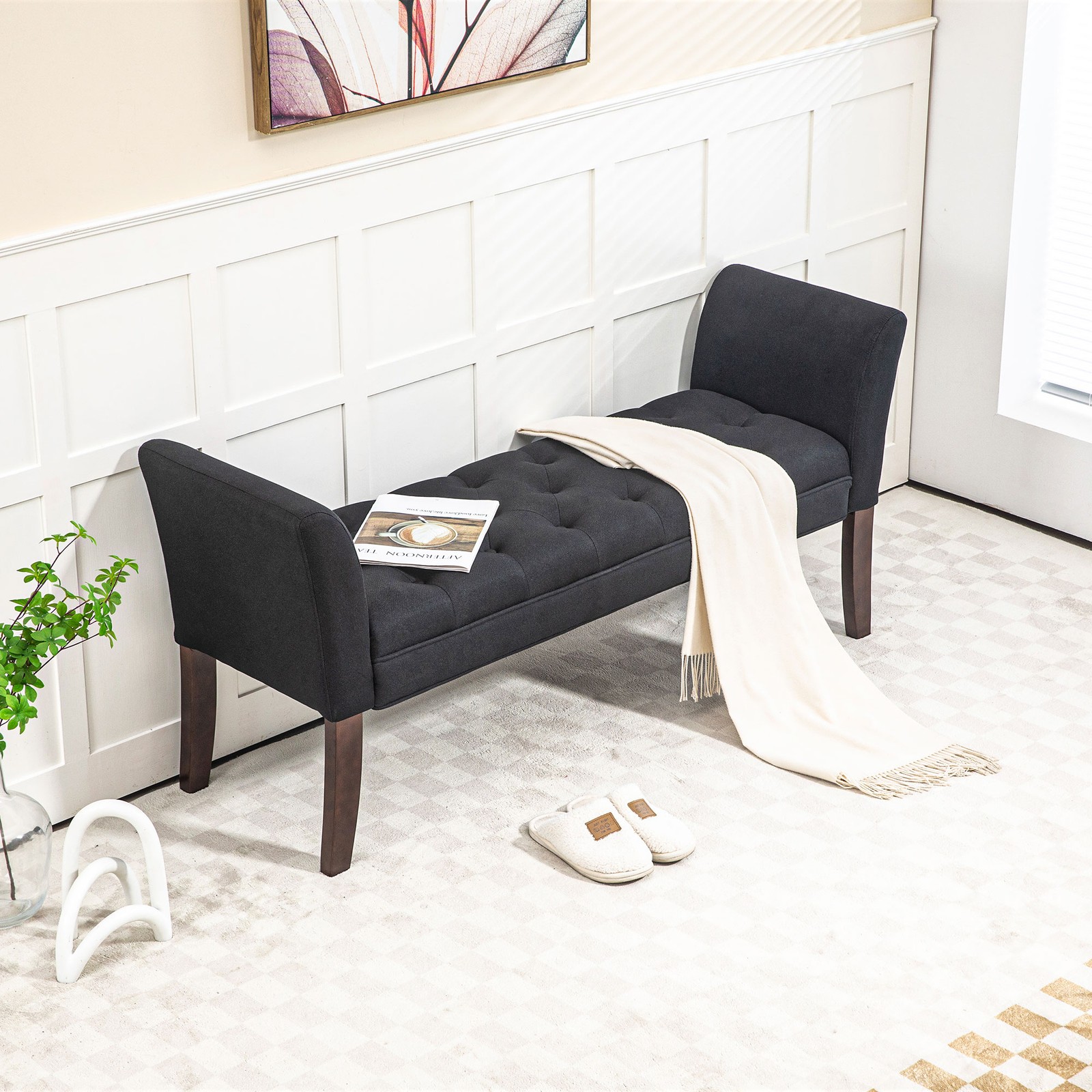 Button Tufted End of Bed Bench with Upholstered Arms and Solid Wood Legs, Black