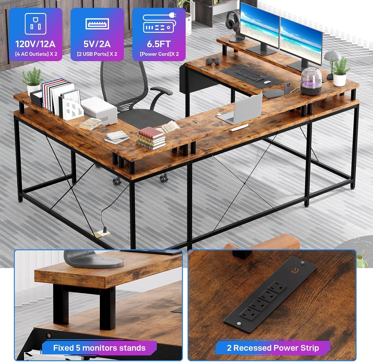 79" Reversible U Shaped Computer Gaming Desk L Shaped Office Desk Table