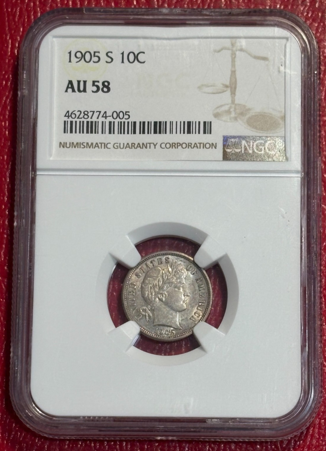 NGC AU58 1905 S BARBER SILVER DIME-NICE BETTER DATE COIN-OCT257