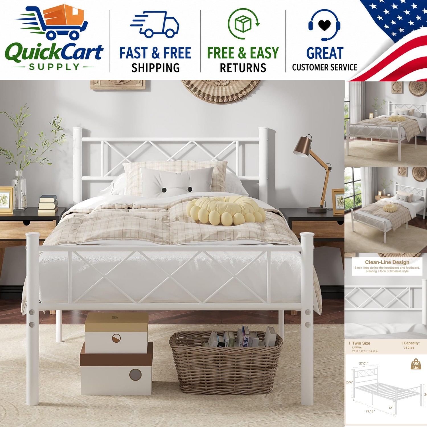 Contemporary Twin Bed Frame with Under-Bed Storage & No Box Spring Required