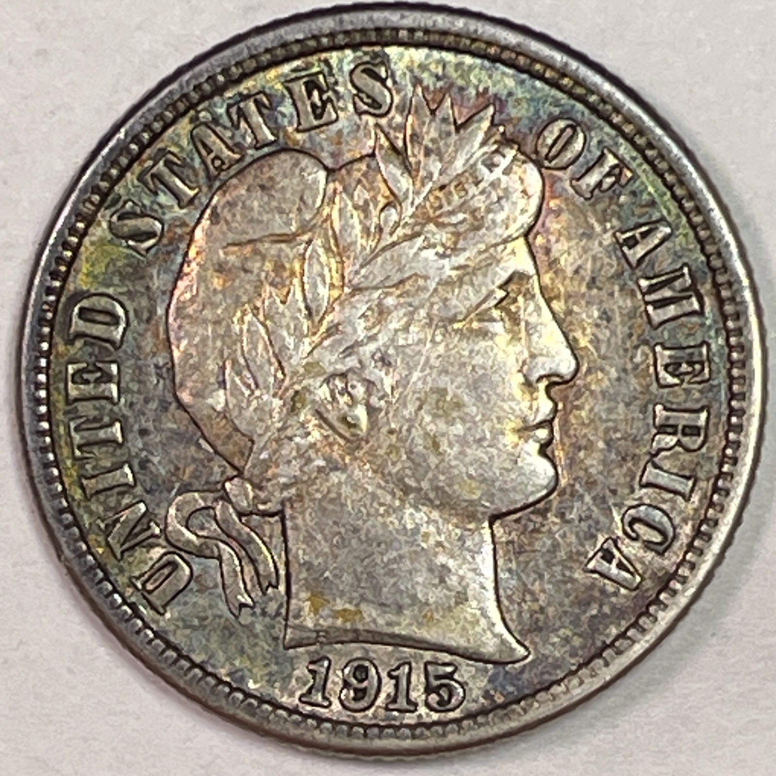 1915 Rainbow Toning Barber Silver Dime Almost Uncirculated AU Coin #18643
