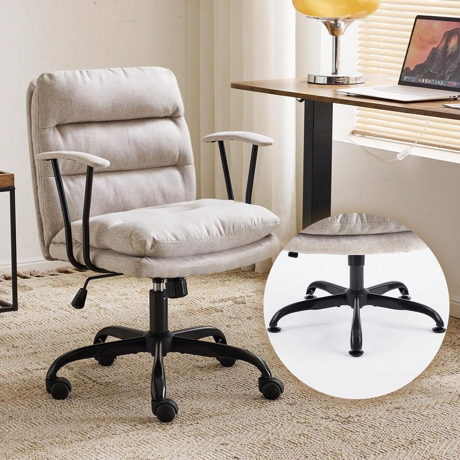 Light Grey Linen Swivel Office Chair with Dual Base