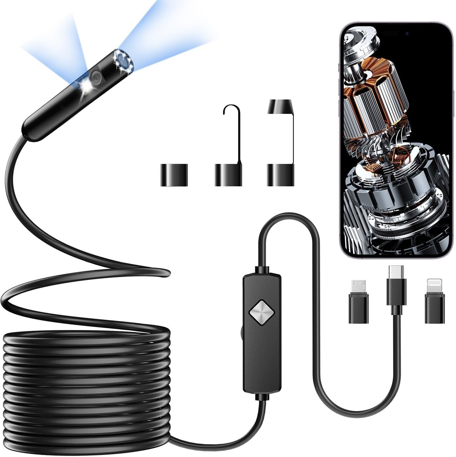 Endoscopio con luz, boroscopio HD 1920P con 8 luces LED ajustables