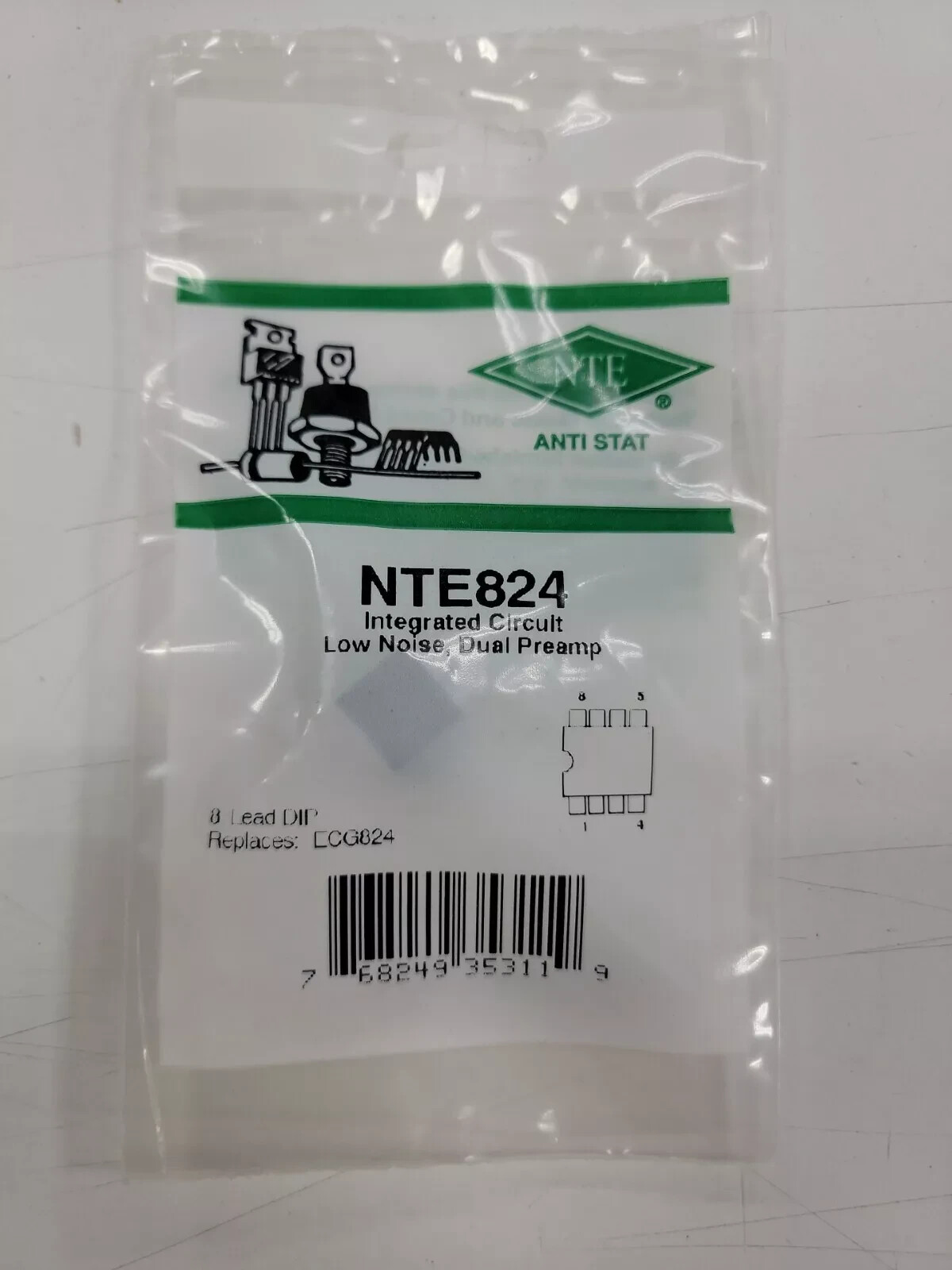 NTE 824 INTEGRATED CIRCUIT LOW NOISE DUAL PREAMP 8 LEAD DIP