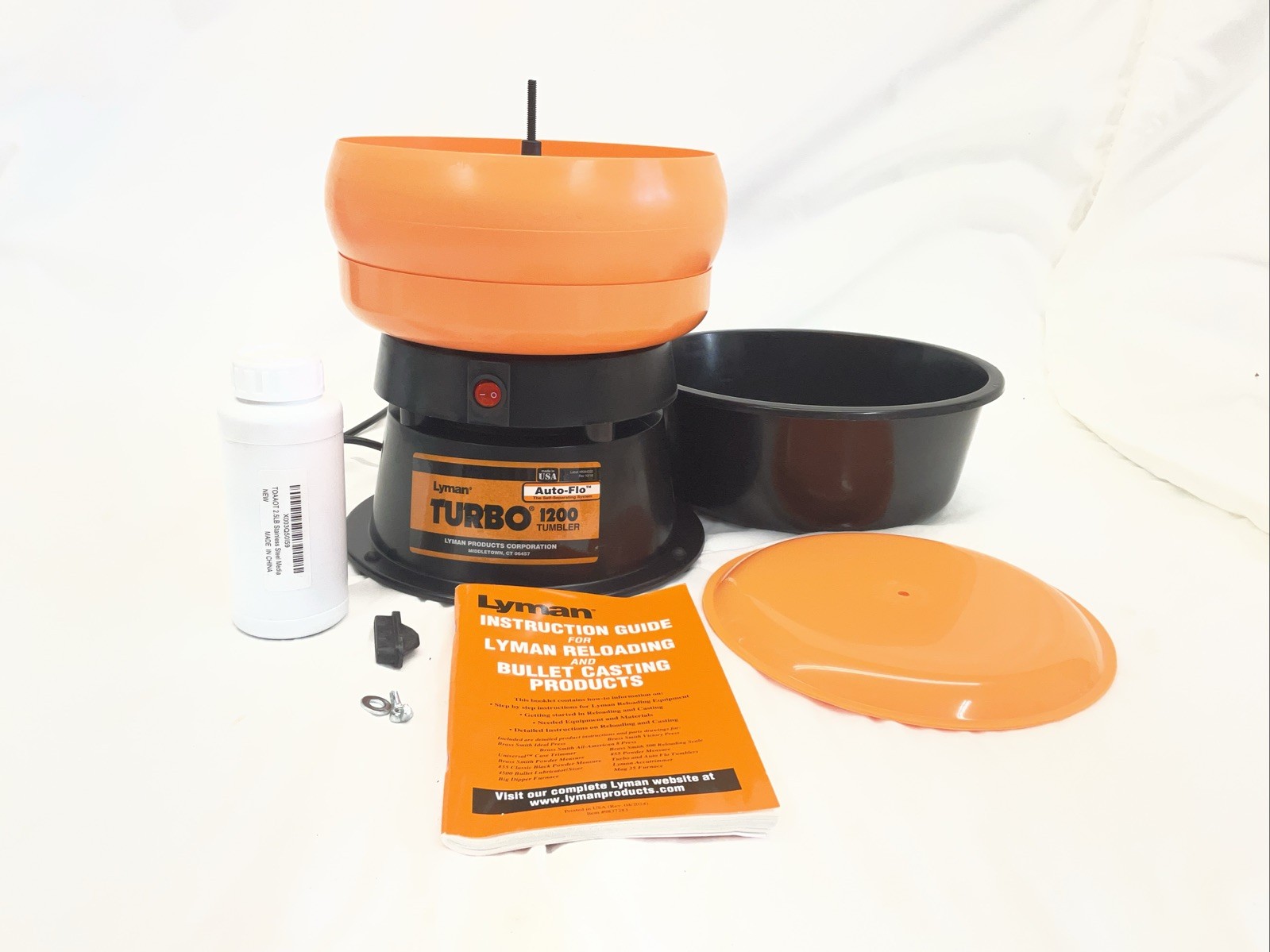 Lyman 1200 220V Auto-Flo Turbo Tumbler with Media can handle up to 350 .38 Cases