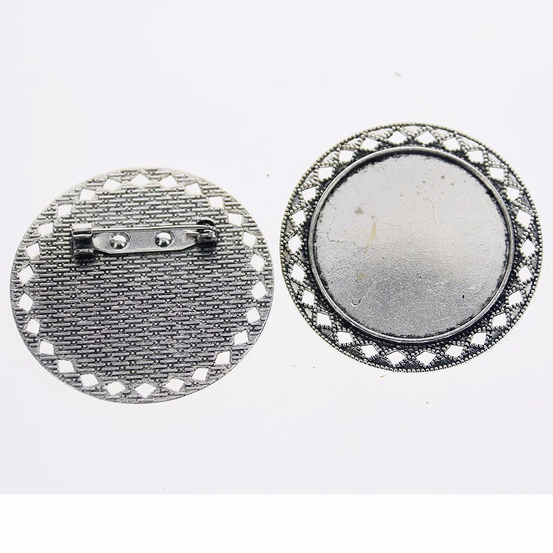 2pcs Tibetan silver ROUND 35mm cabochon settings hollow rim brooch design XA012