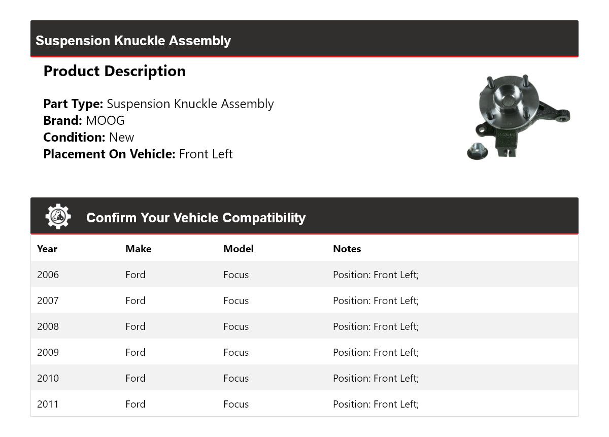 For 2006-2011 Ford Focus Suspension Knuckle Assembly Front Left MOOG 2006 2007