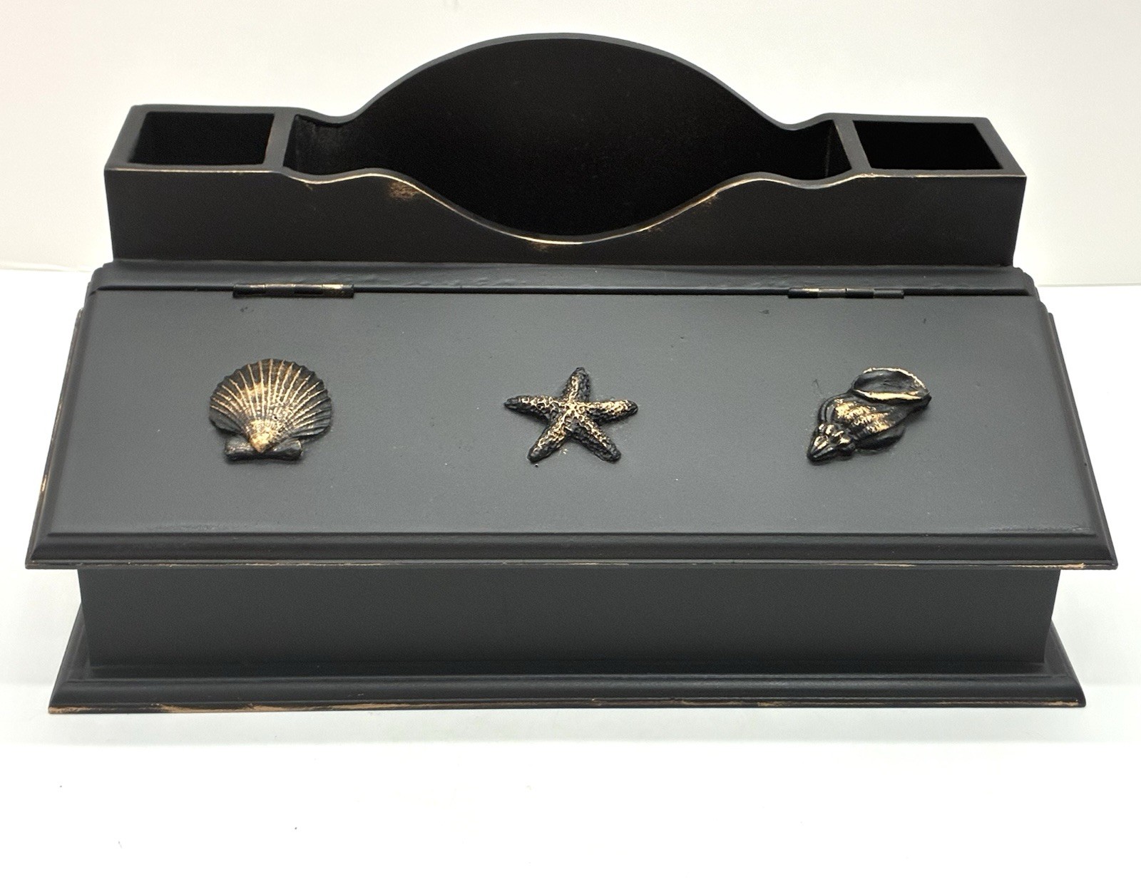 Hand Painted Wood Tabletop Desk Organizer with Flip Up Lid Black Gold Seashells