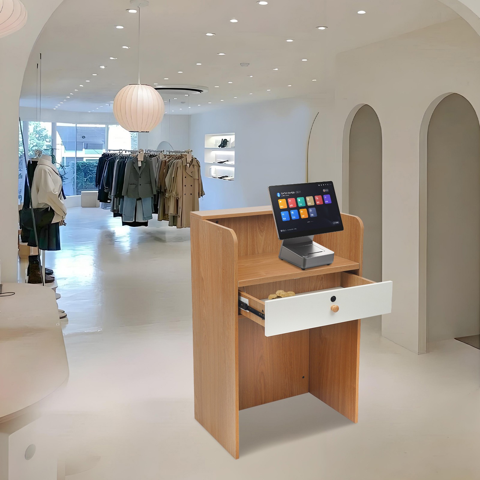 Checkout Counter Reception Desk with Storage Drawer & LED Light Oak Color