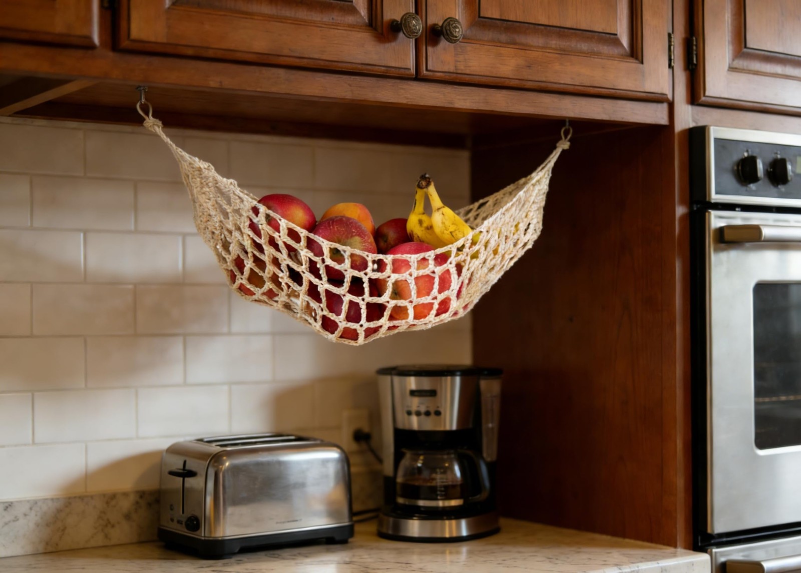 Tullace 2-Pack Hanging Fruit Hammock with Hooks - Macrame Under Cabinet Ivory