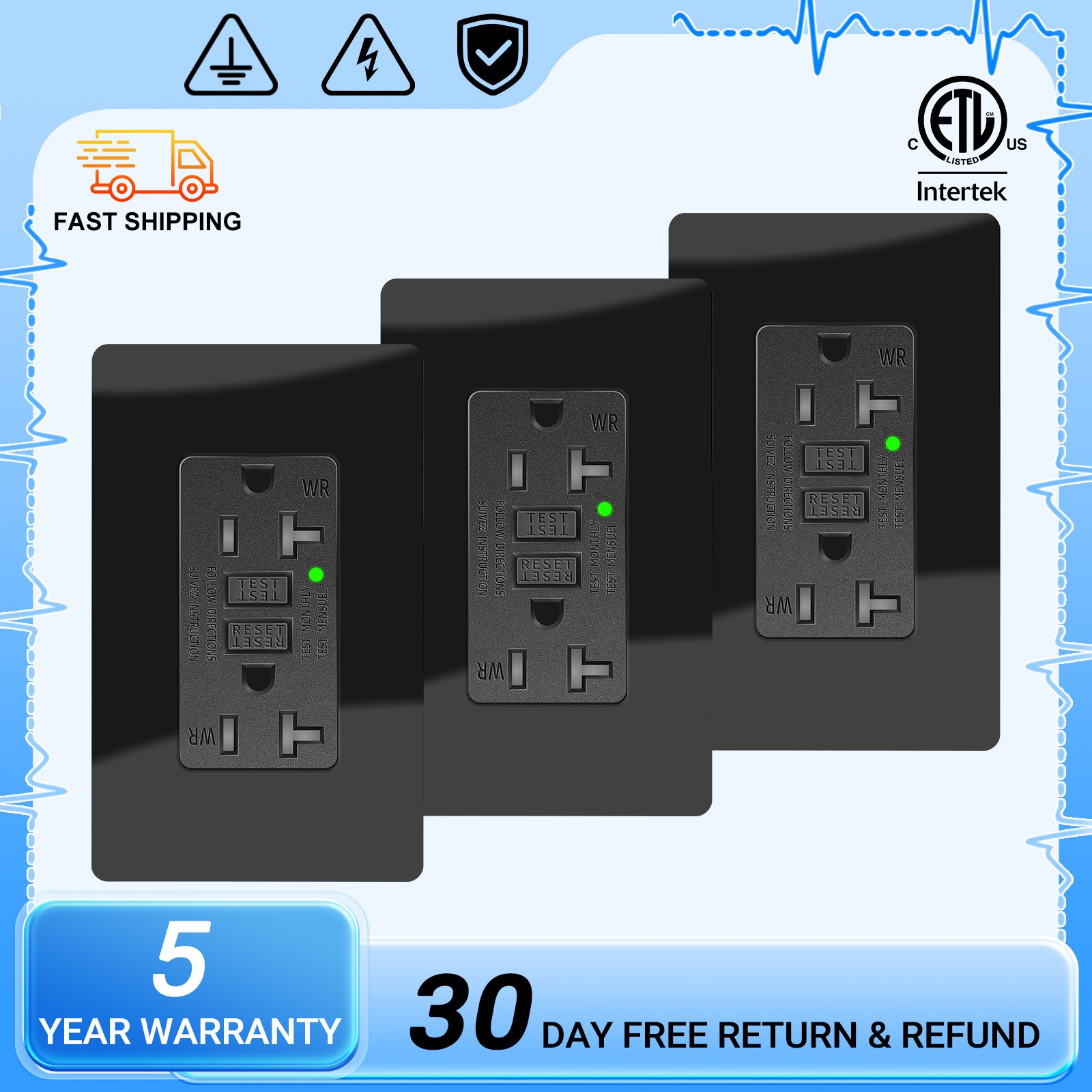 3× 20A/125V GFCI Outlet Black WR TR LED Indicator ETL Instant Power Cutoff