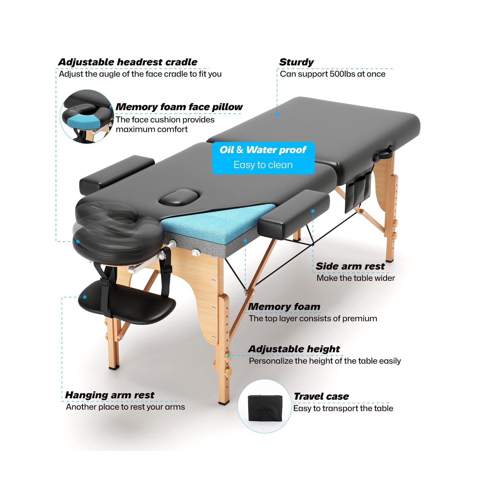 KCC Memory Foam Massage Table Premium Portable Foldable Massage Bed Height Ad...