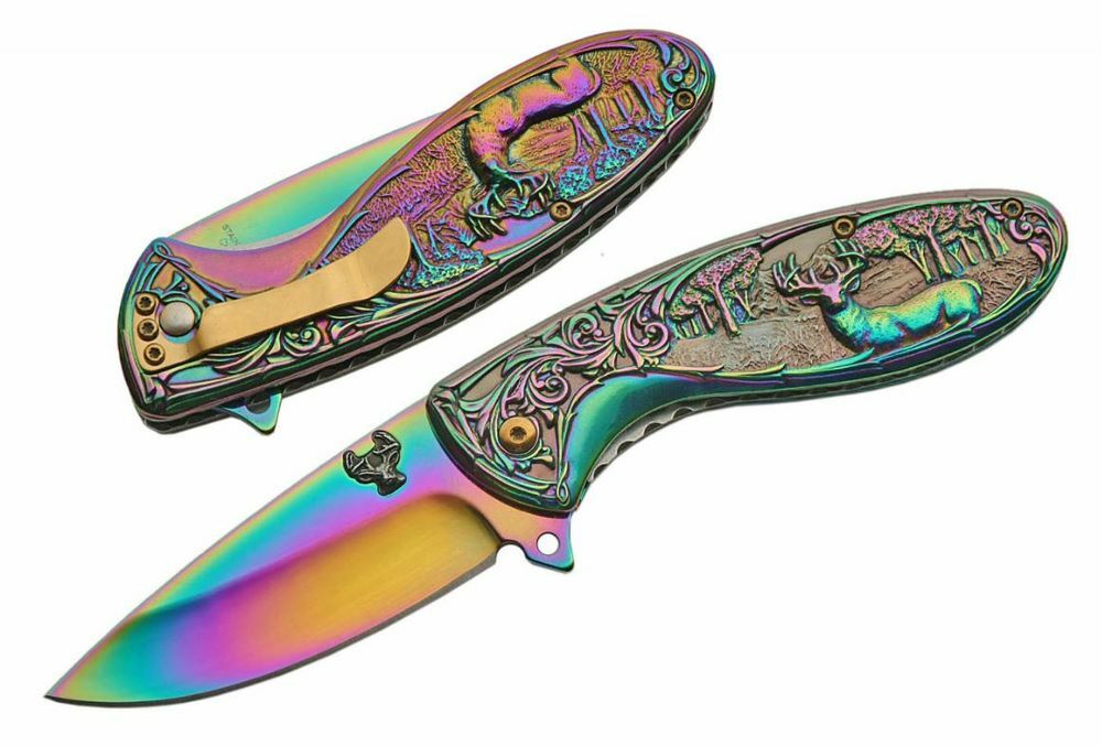 Spring-Assist Folding Pocket Knife | Easy Open 3.5" Blade Rainbow Deer Hunter