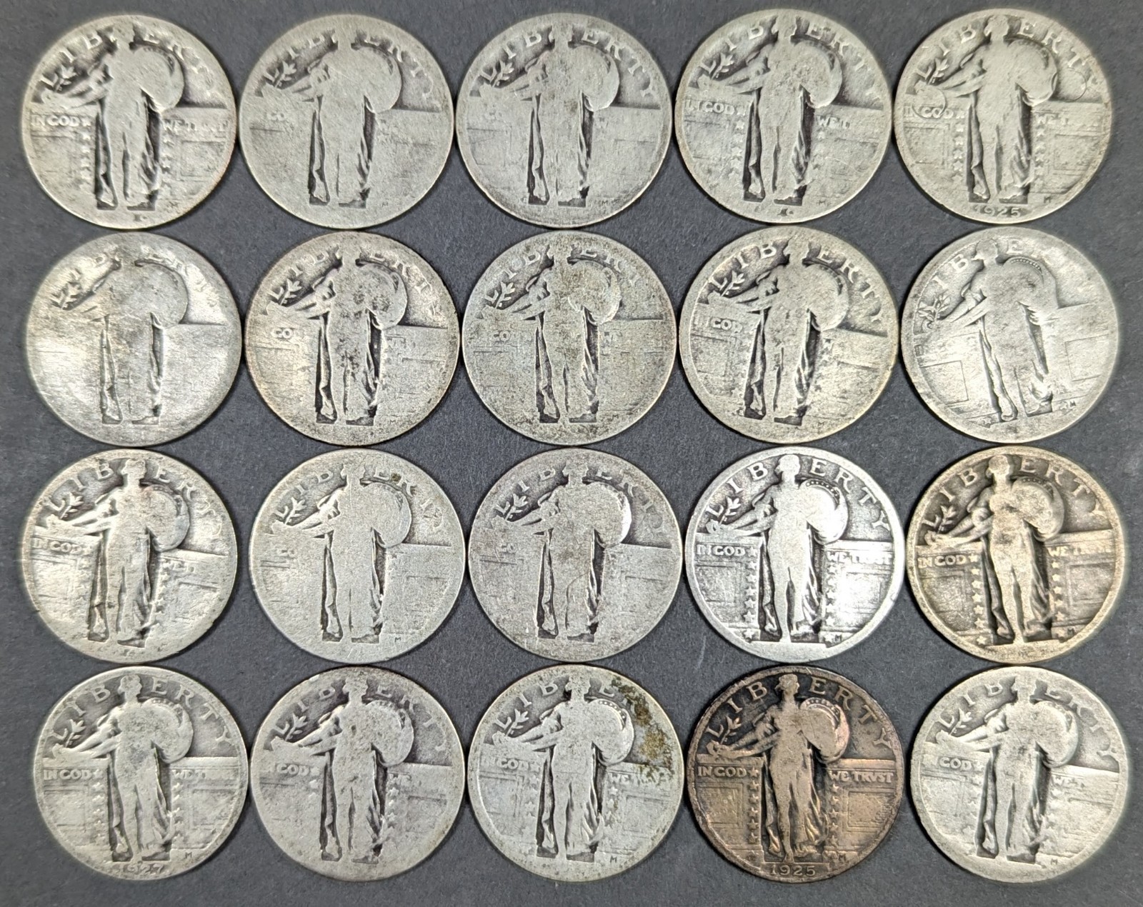 Lot of (20) Vintage Standing Liberty Quarters - 90% Silver Junk Roll Lot - 1925