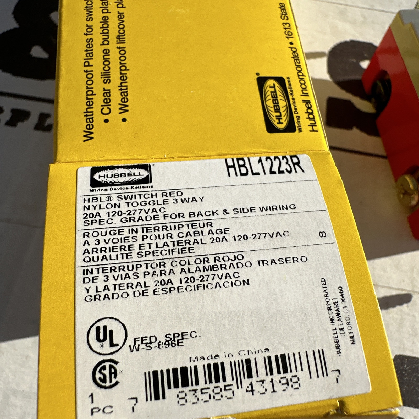 Hubbell HBL1223R 3 Way, Toggle Switch, Red