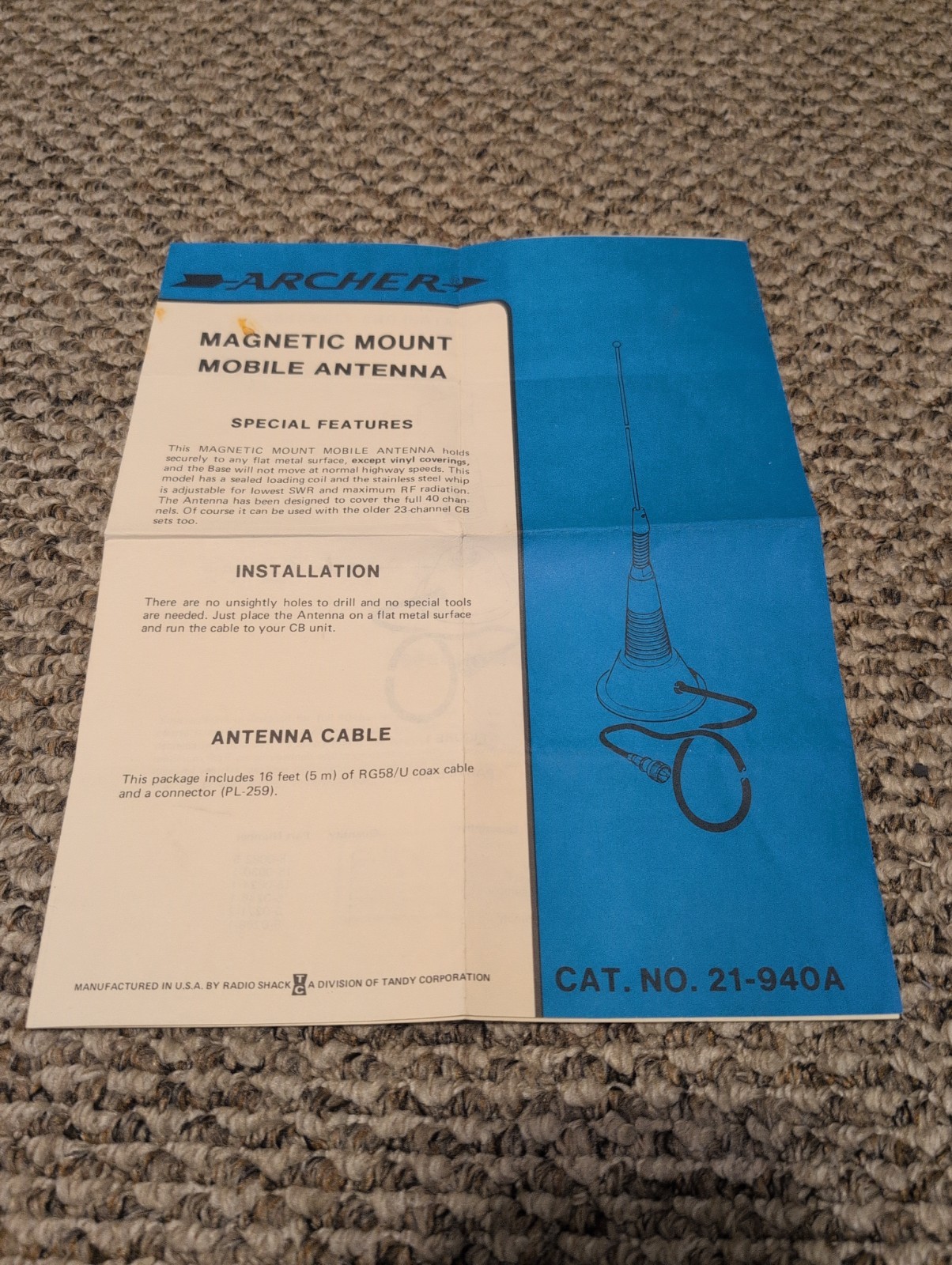 Instructions Archer Magnetic Mount Mobile Antenna 21-940A Installation Vintage