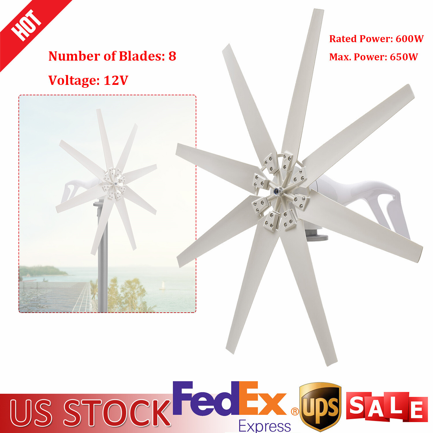 600W 8 Blades Wind Turbine Generator Kit with Charge Controller Windmill Power