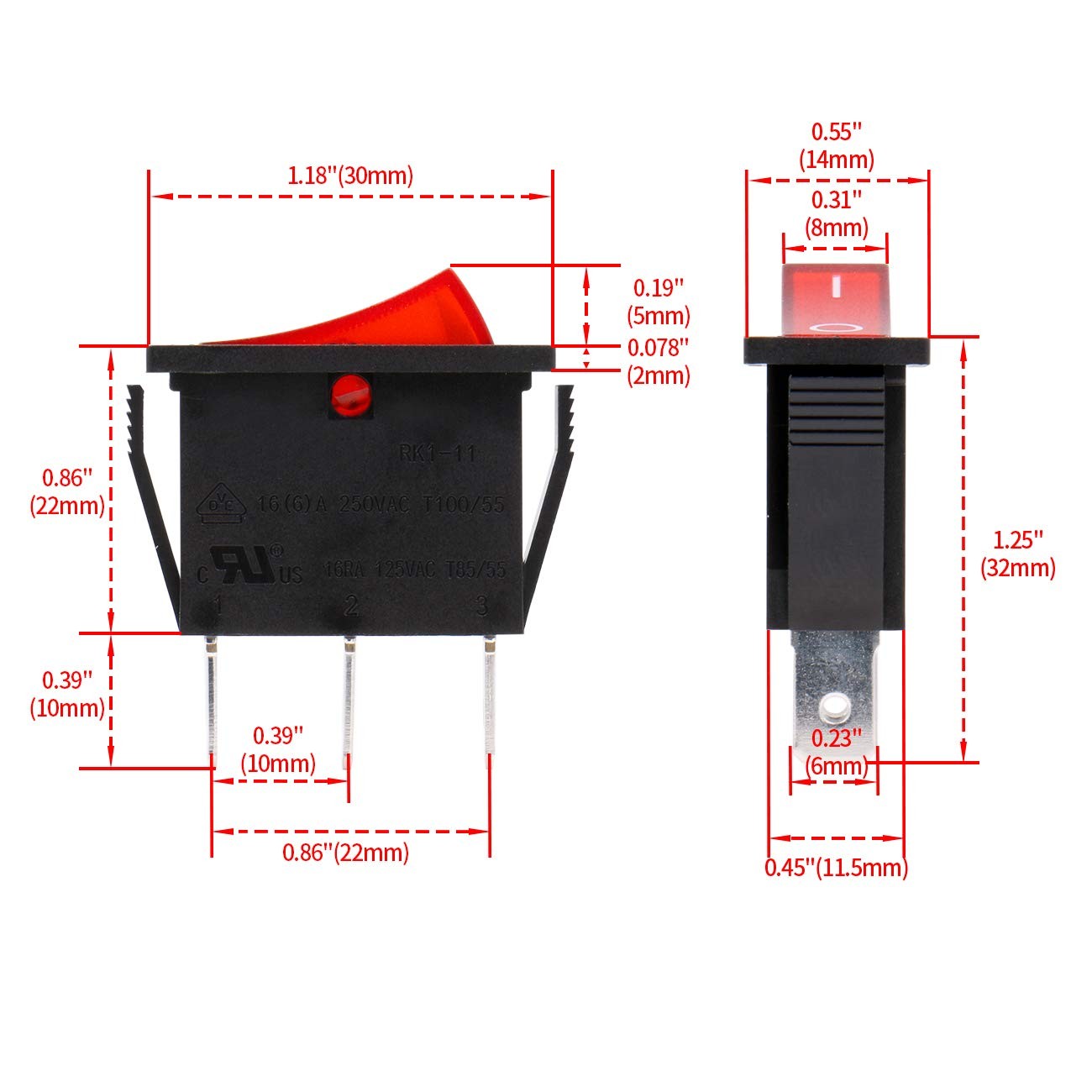 Rocker Switch ON-Off SPST 3 Terminals Red Light 16A 250VAC 5Pack