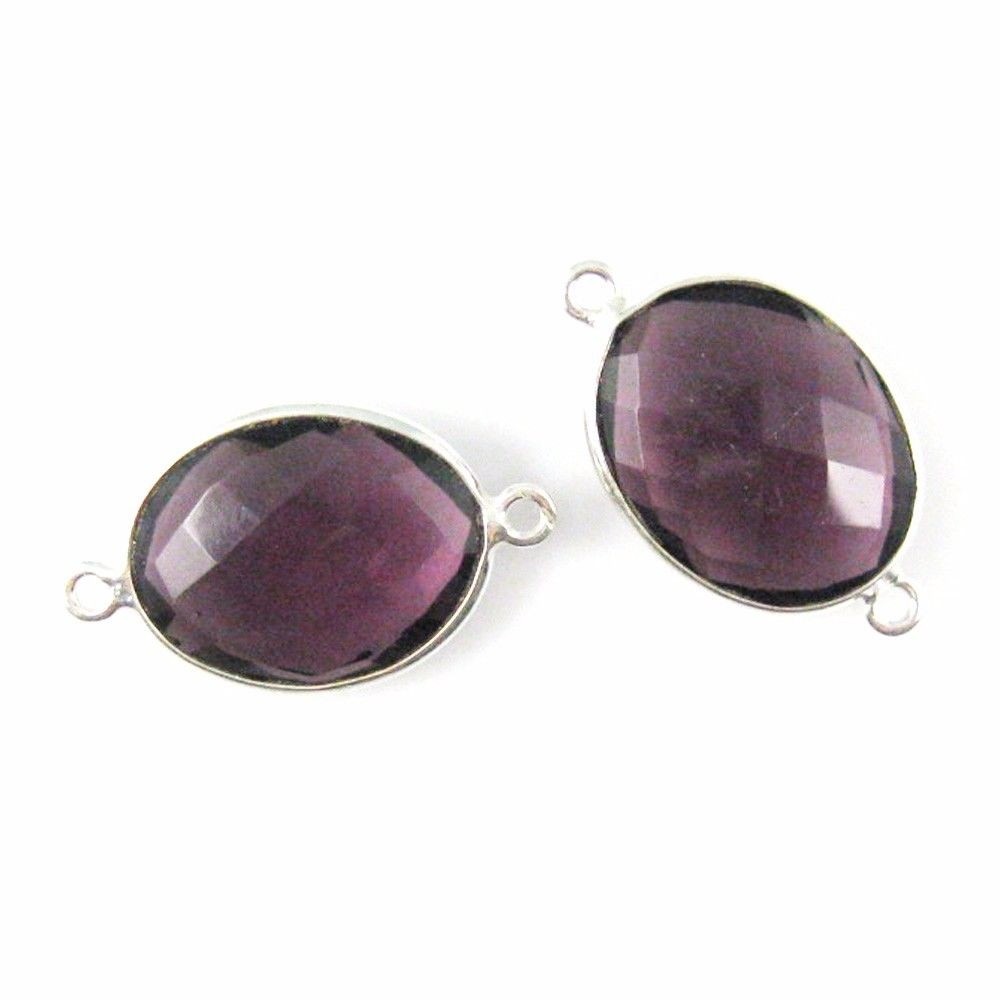 Bezel Gem Links - Sterling Silver - Faceted Oval Shape - Amethyst Quartz (2 Pcs)
