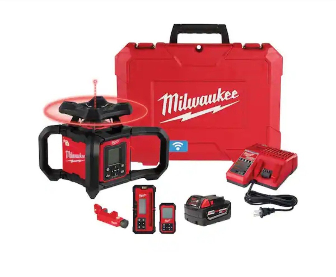 Milwaukee 3704-21 M18 18V Red Exterior Dual Slope Rotary Laser Kit w/ Receiver