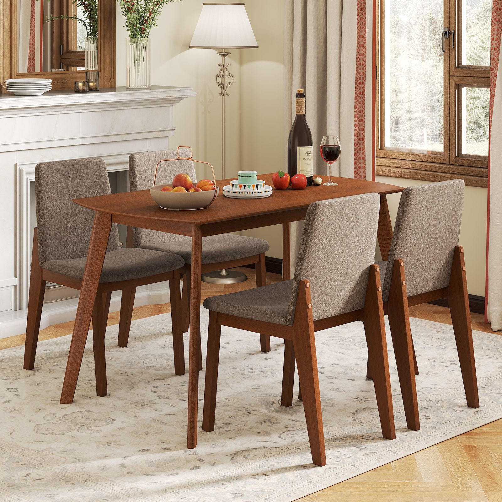 5-Piece Dining Table Set for 4,Rectangular Kitchen Table w/Linen Fabric Chairs