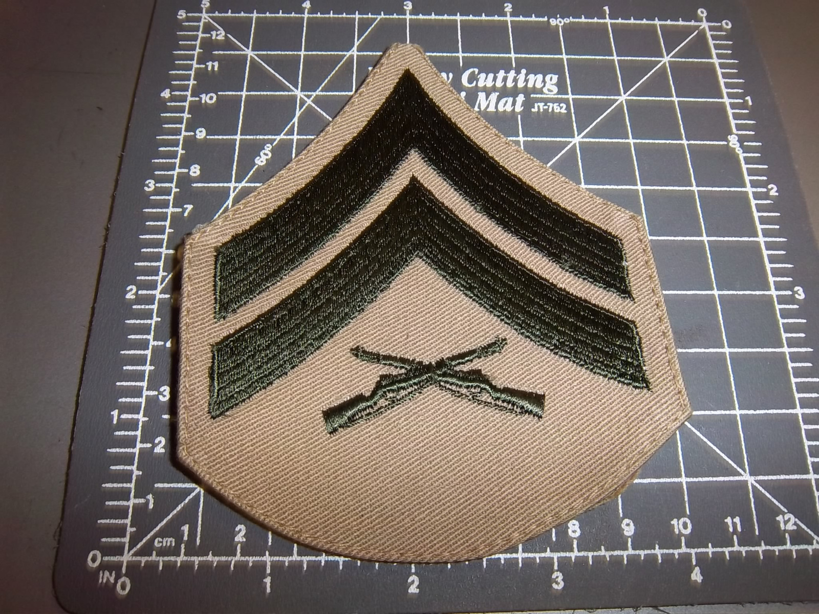 U.S. Corporal Embroidered Patch, Olive on khaki, 2 Stripes, crossed rifles
