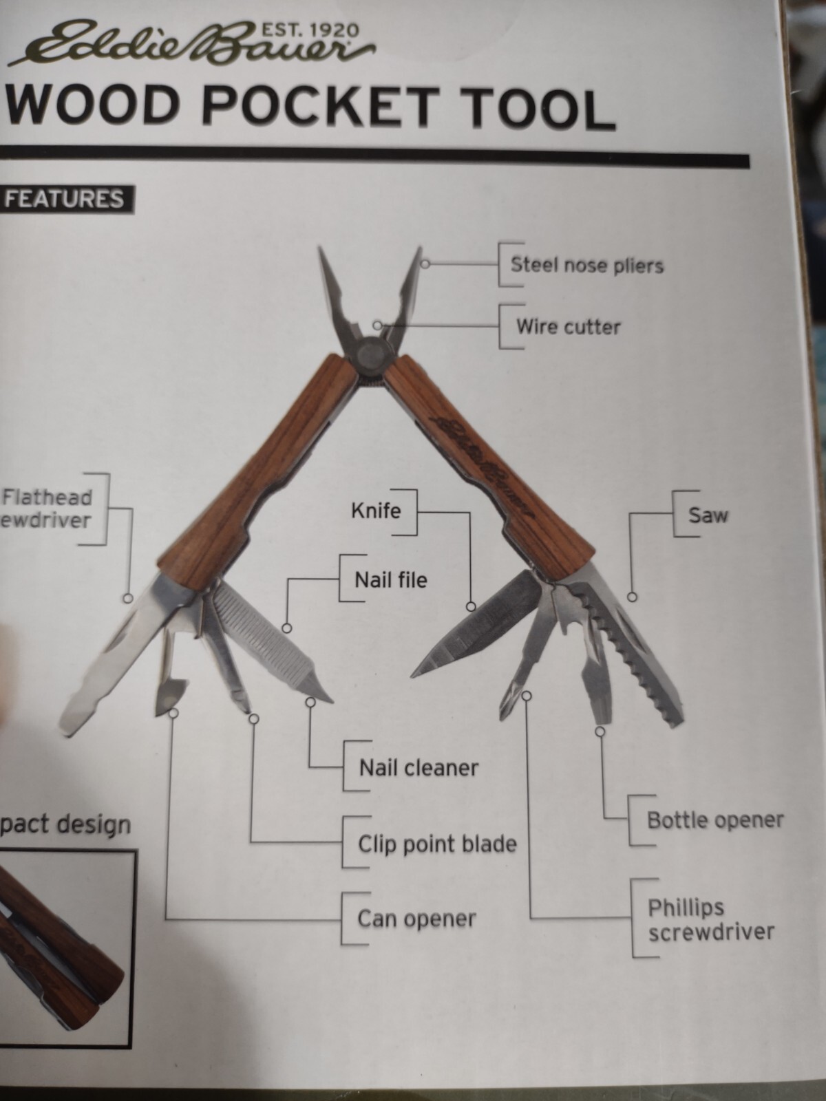 Eddie Bauer wood pocket multi 11 function tool