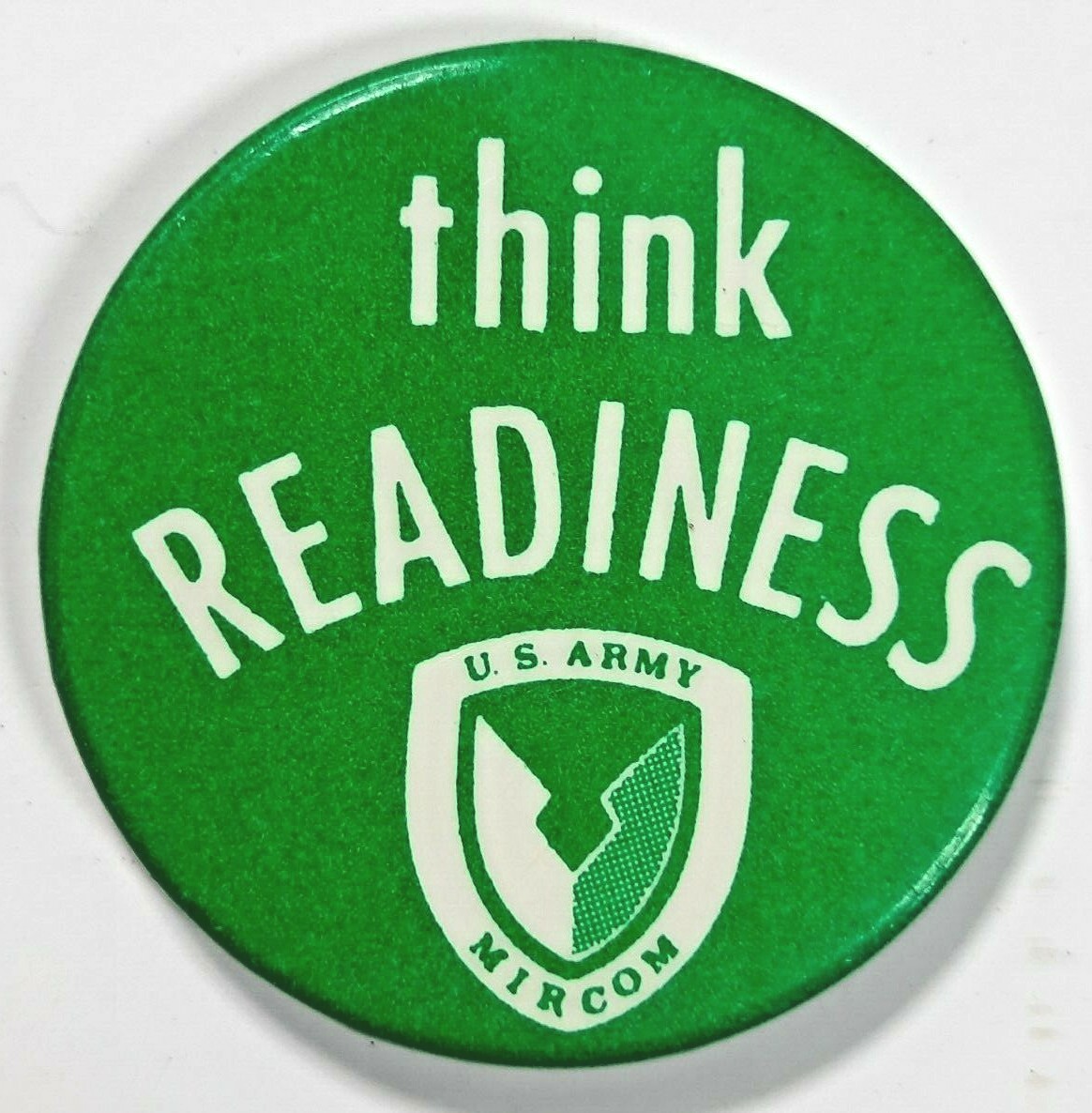 Vintage U.S. Army MIRCOM Think Readiness pinback button  pre-owned