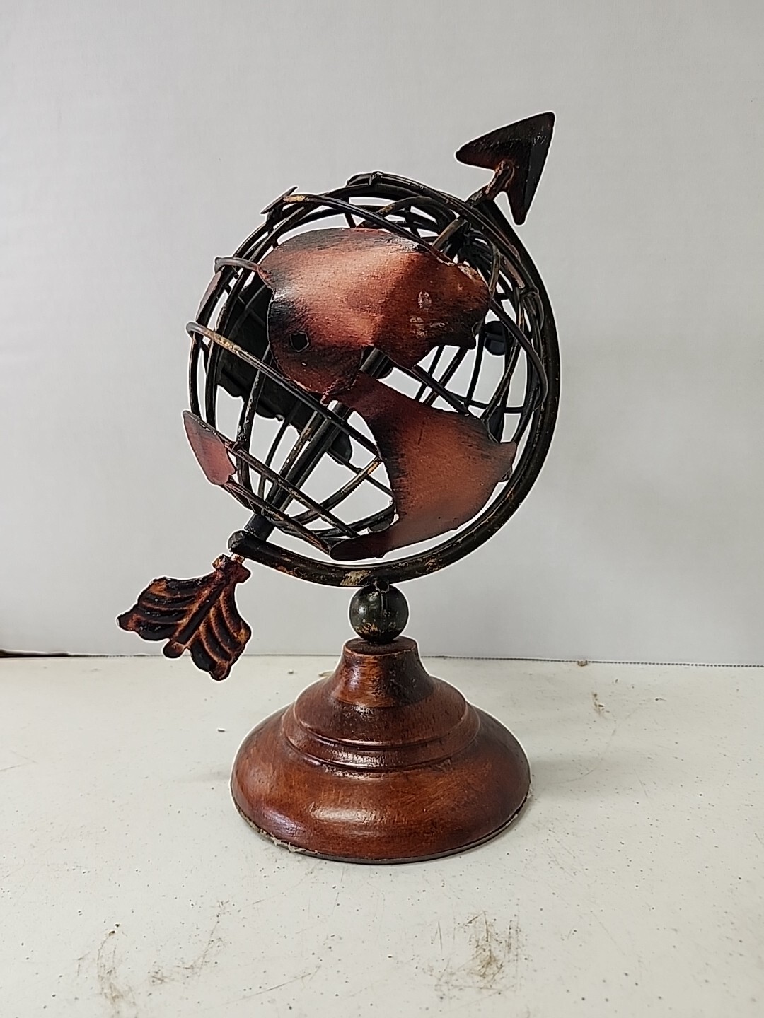 Desktop Metal/Wrought Iron Globe with Arrow. Wooden Base. Free Shipping