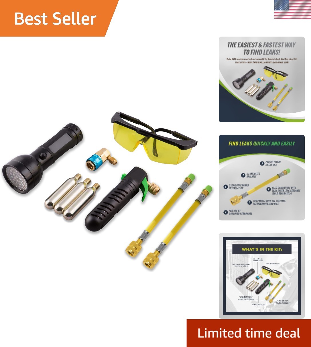 Ultra Bright UV Leak Detection Kit - Complete Dye Inject for All Refrigeratio...