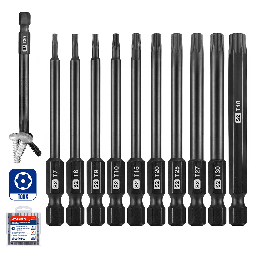 WORKPRO 10PC Security Torx Bit Set 3" Long Tamper Proof Torx Bit W/Magnetic Tips