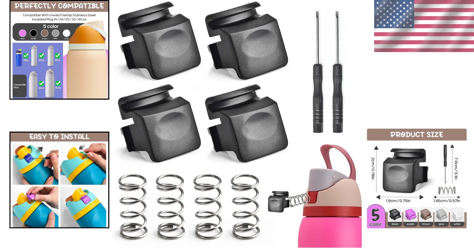 4-Pack Owala FreeSip Button Replacement with Springs & Screwdriver for Easy Fix