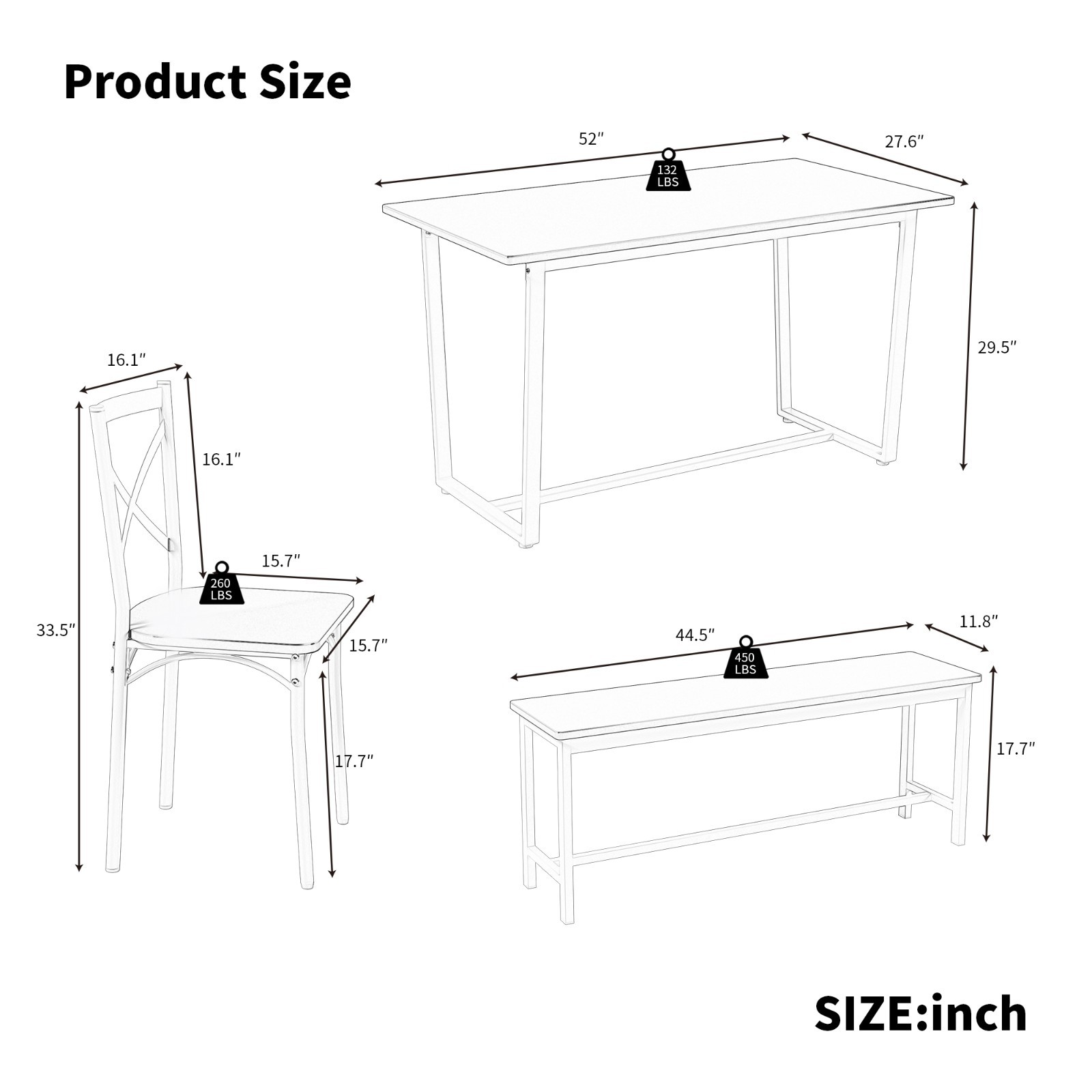 Industrial 4-Pc Table Chair Set Solid Backrest Durable Style