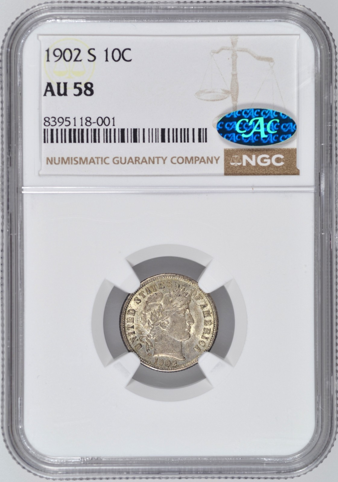 1902-S BARBER DIME NGC AU58 CAC CHOICE ORIGINAL COIN