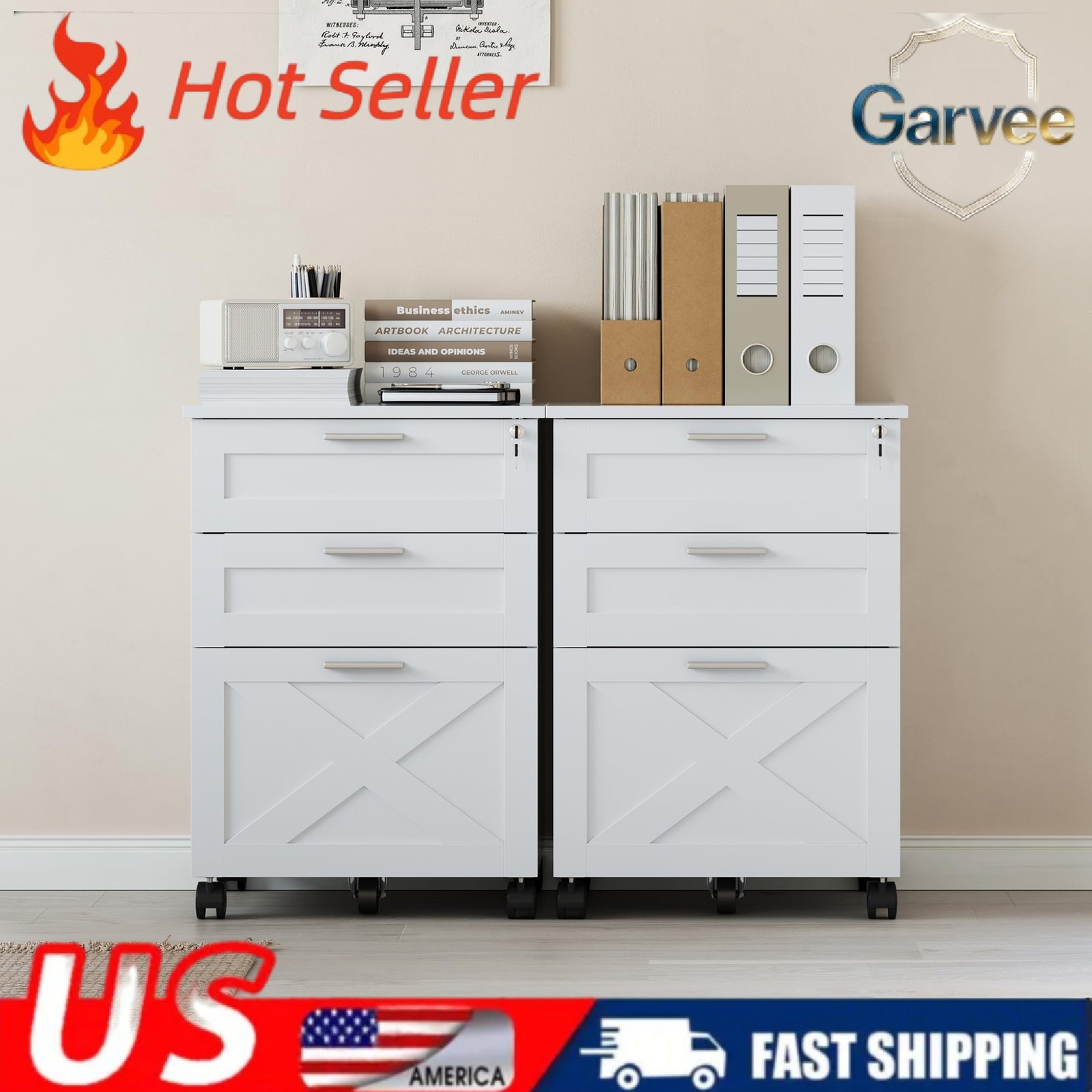 Lockable Wood File Cabinet 3 Drawer Mobile Printer Stand Rolling 360° Casters