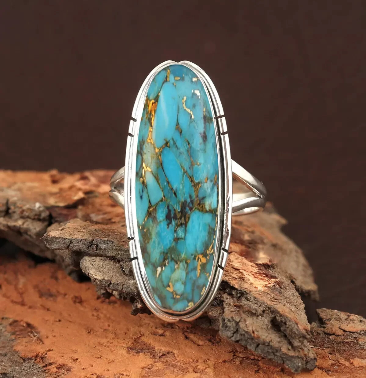 Blue Copper Turquoise Ring 925 Sterling Silver Stylish Pretty Ring All Size MK*