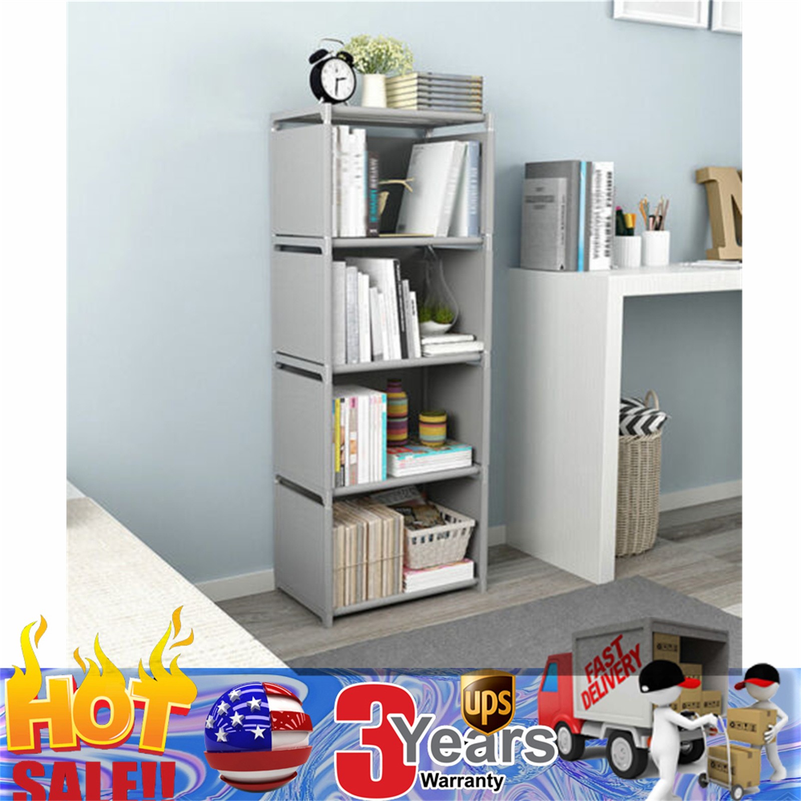 4-TIER INDUSTRIAL BOOKSHELF,DISPLAY STORAGE SHELVES RUSTIC WOOD BOOKCASE SHELVES
