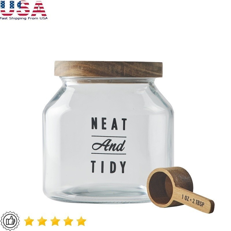 Glass Laundry Detergent Container W/ Wooden Lid & Scoop Rustic Storage New