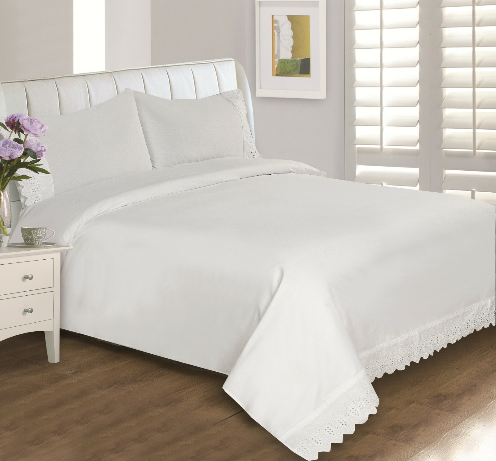 Eyelet Lace Cotton 400 Thread Count Bedding Sheet Set, Wrinkle Free Super Soft