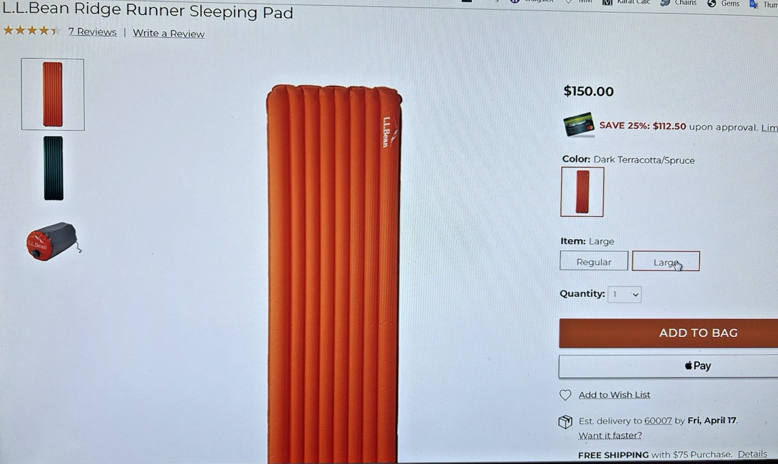 L.L. Bean Ridge Runner Sleeping Pad Lrg 72"x20" Dark Terracotta/Spruce NEW $150