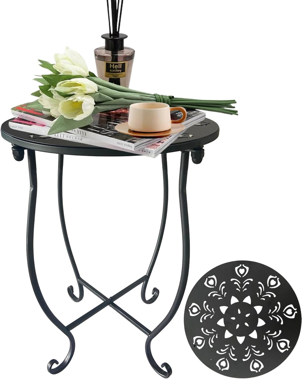 Outdoor Side Table, 14-Inch Small round Metal Patio Table with Flower Cut-Out De
