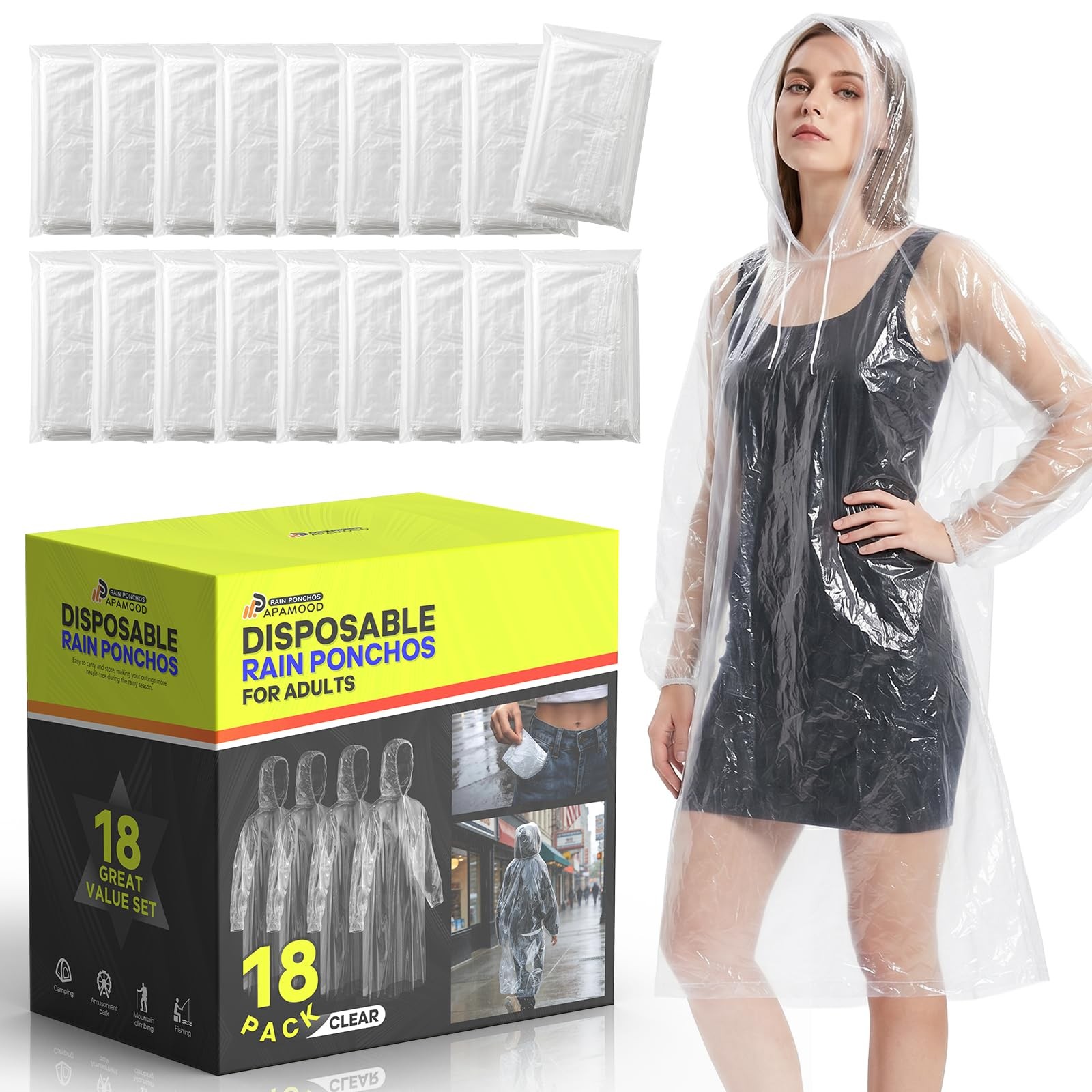Disposable Rain Ponchos, 6PK/9PK Family Pack for Adults, Emergency Raincoat w...