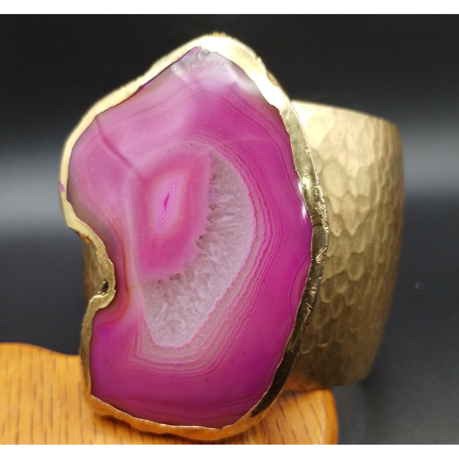 Handcrafted Hammered Goldtone Cuff Bracelet Pink Agate Geode Slice Statement