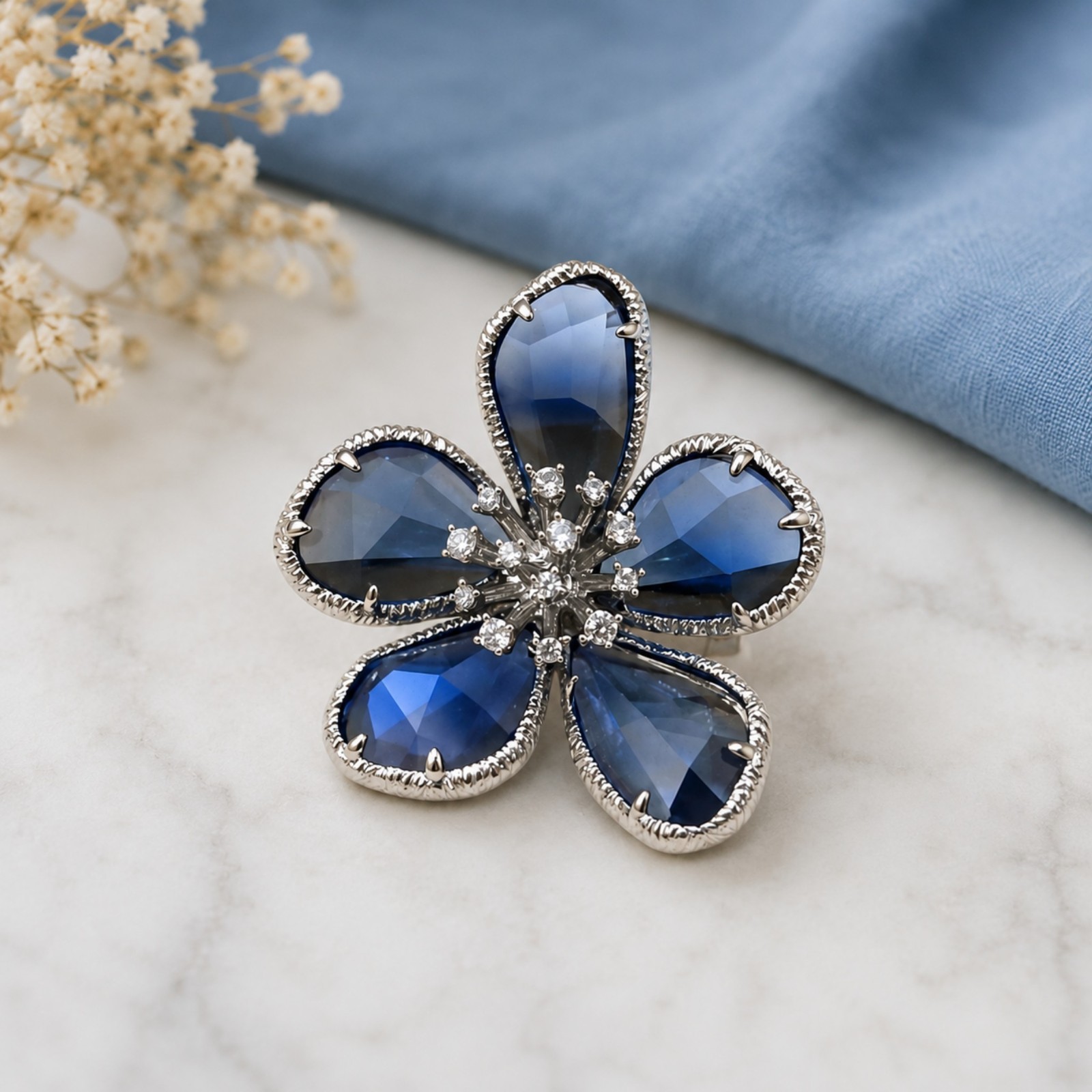 Blue Glass Flower Brooch Pin Crystal Floral Lapel Pin Jacket Coat Scarf Gift