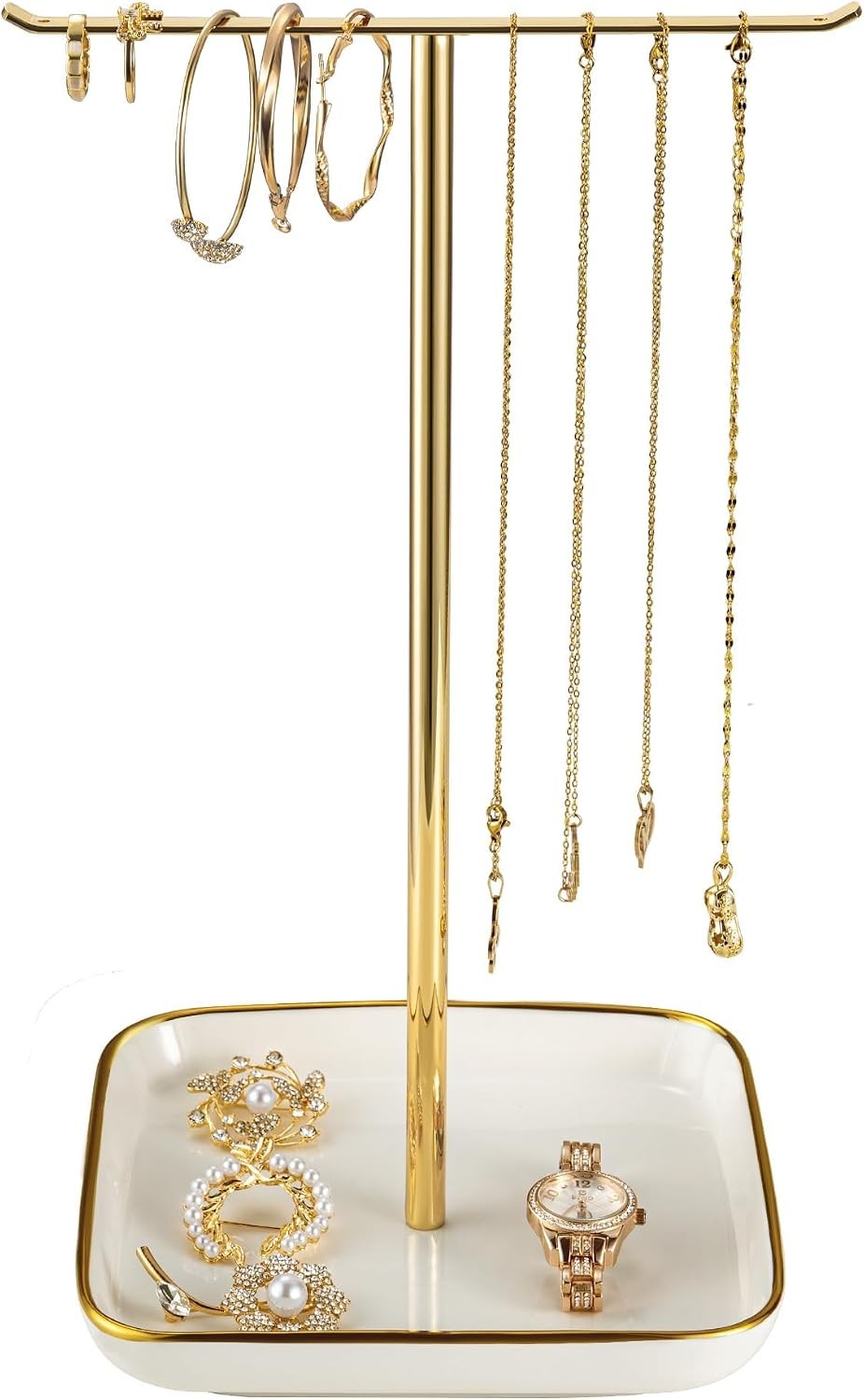 12" Gold Jewelry Tree Stand, Ceramic Base, for Necklaces, Rings, Earrings